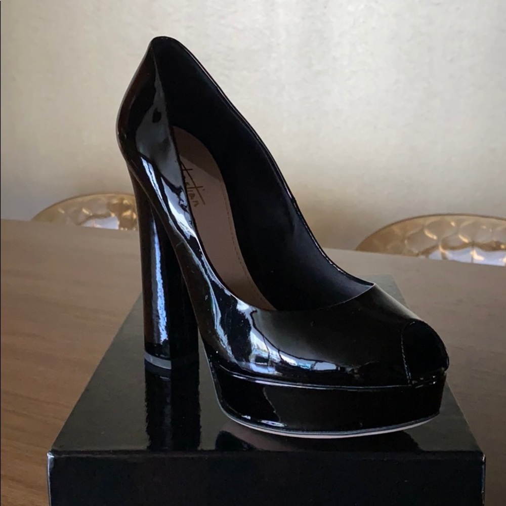 Sebastian peep toe black patent leather pumps
